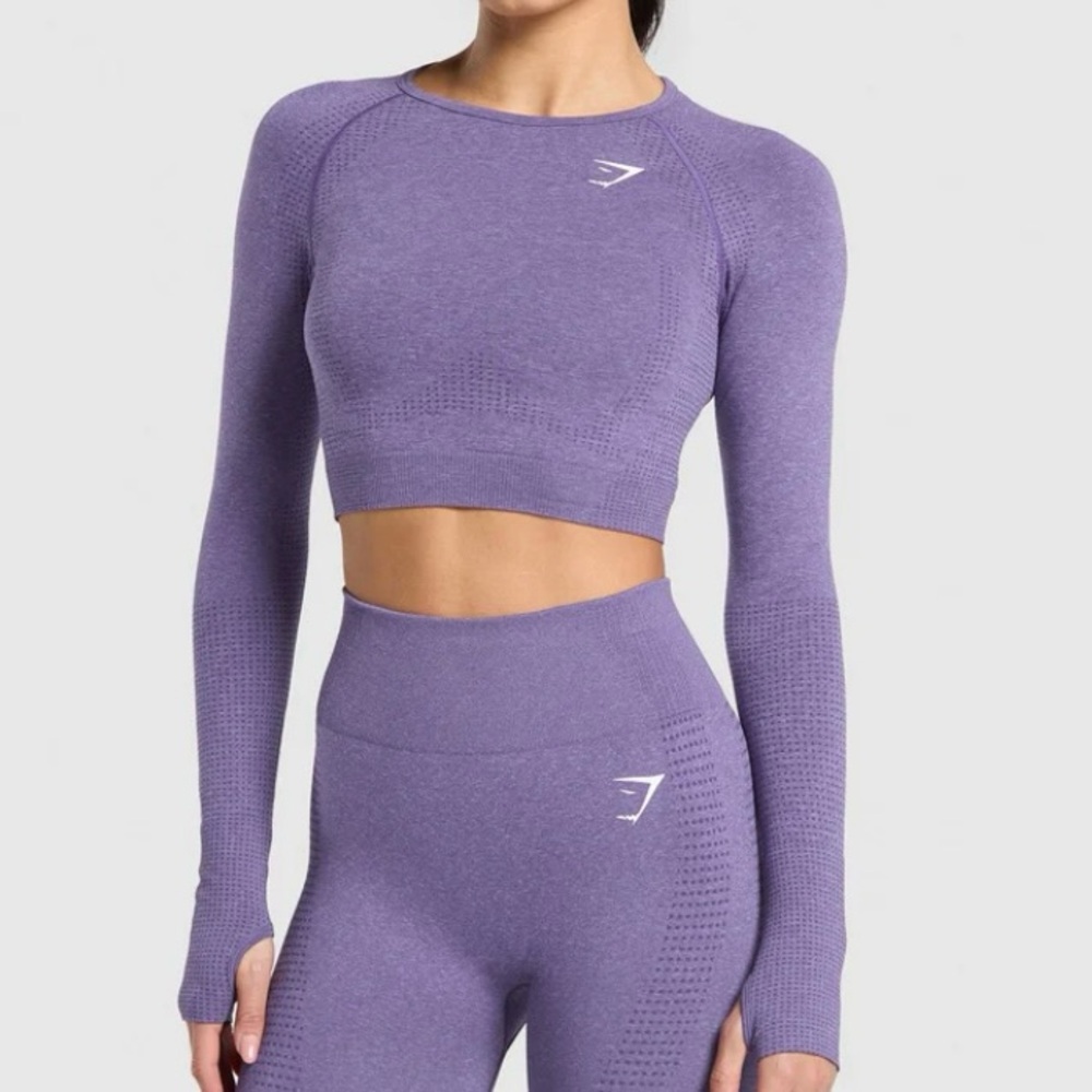 Gymshark Vital Seamless 2.0 Crop top,Heathered Purple Long Sleeve GYM Yoga Sz M
